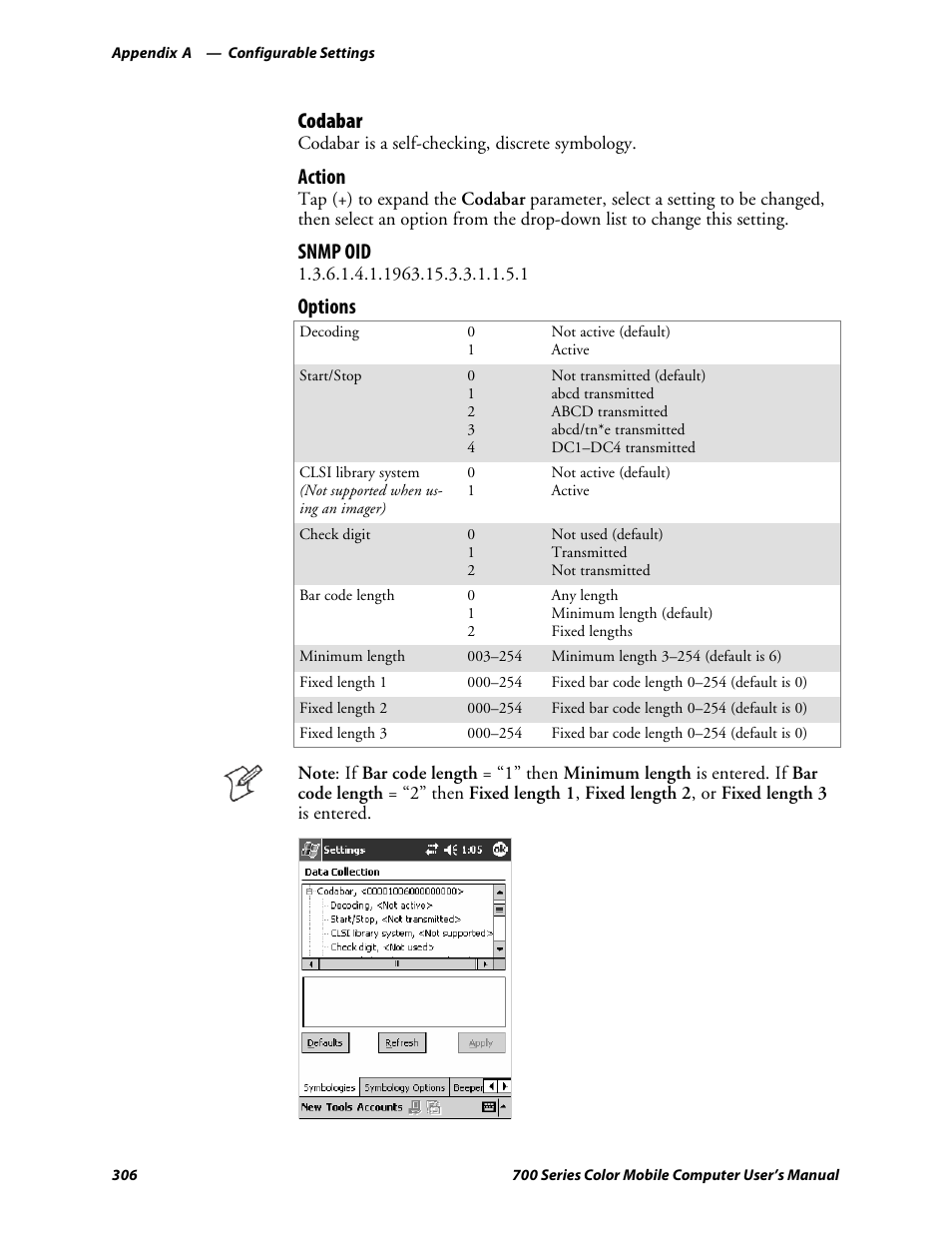 Codabar, Action, Snmp oid | Options | Intermec 700 User Manual | Page 330 / 452