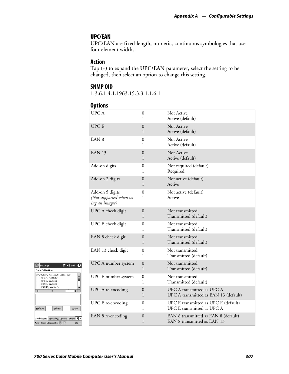 Upc/ean, Action, Snmp oid | Options | Intermec 700 User Manual | Page 331 / 452