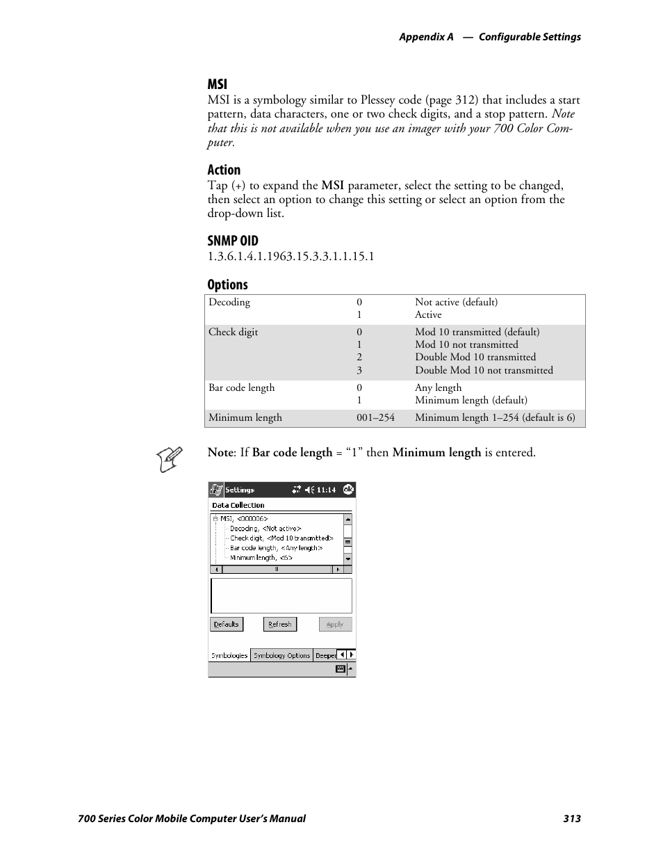 Action, Snmp oid, Options | Intermec 700 User Manual | Page 337 / 452