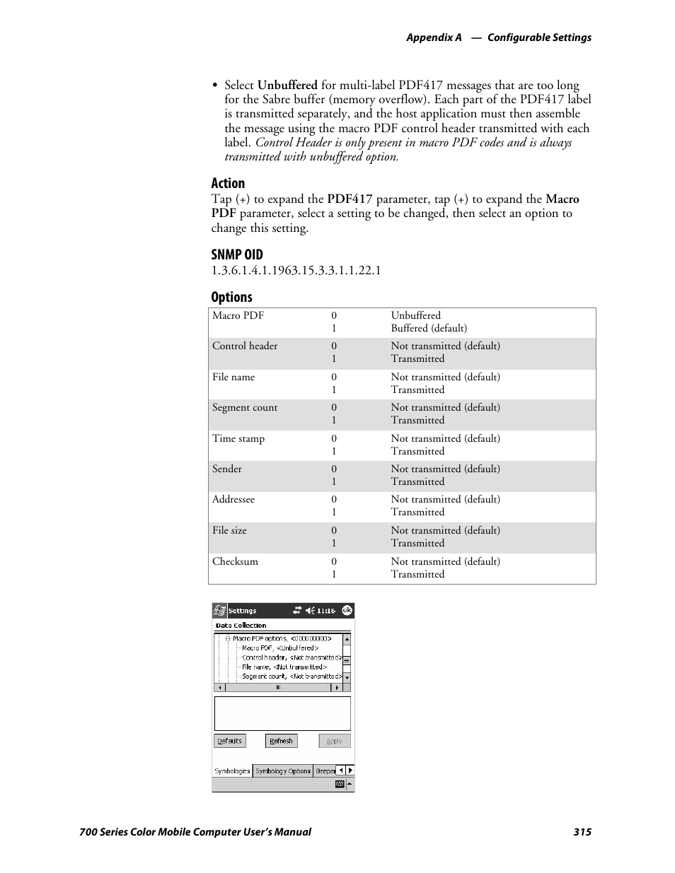 Action, Snmp oid, Options | Intermec 700 User Manual | Page 339 / 452