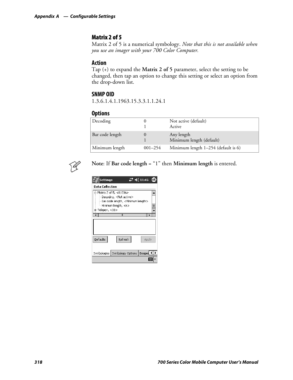 Matrix 2 of 5, Action, Snmp oid | Options | Intermec 700 User Manual | Page 342 / 452