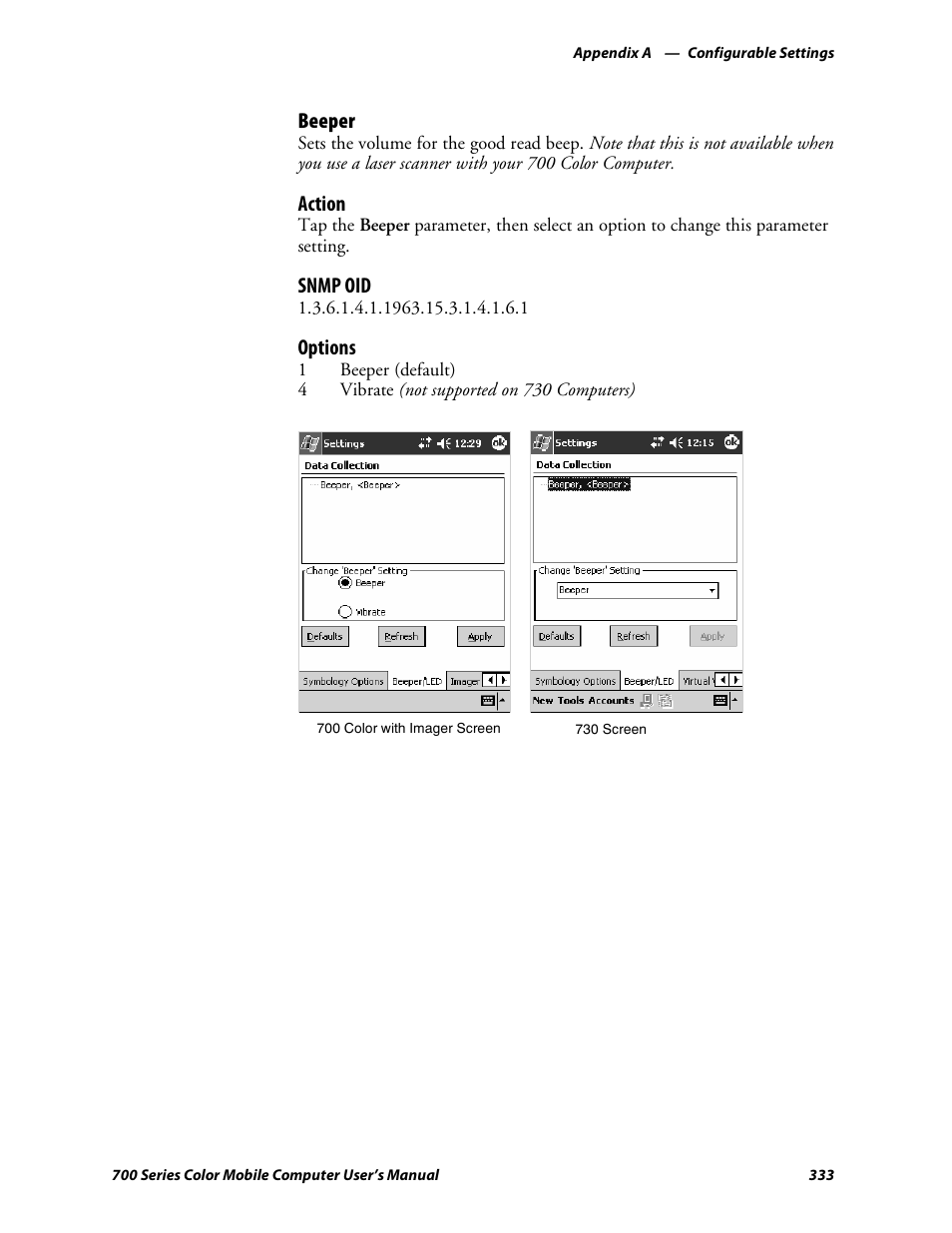 Beeper, Action, Snmp oid | Options | Intermec 700 User Manual | Page 357 / 452