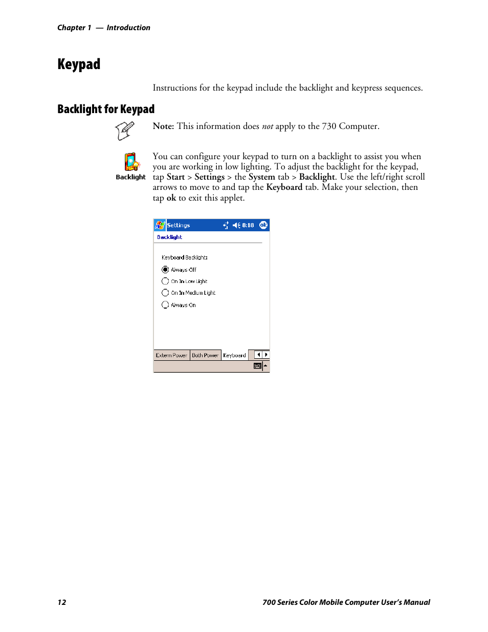 Keypad, Backlight for keypad | Intermec 700 User Manual | Page 36 / 452