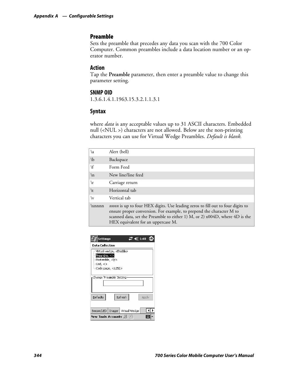 Preamble, Action, Snmp oid | Syntax | Intermec 700 User Manual | Page 368 / 452