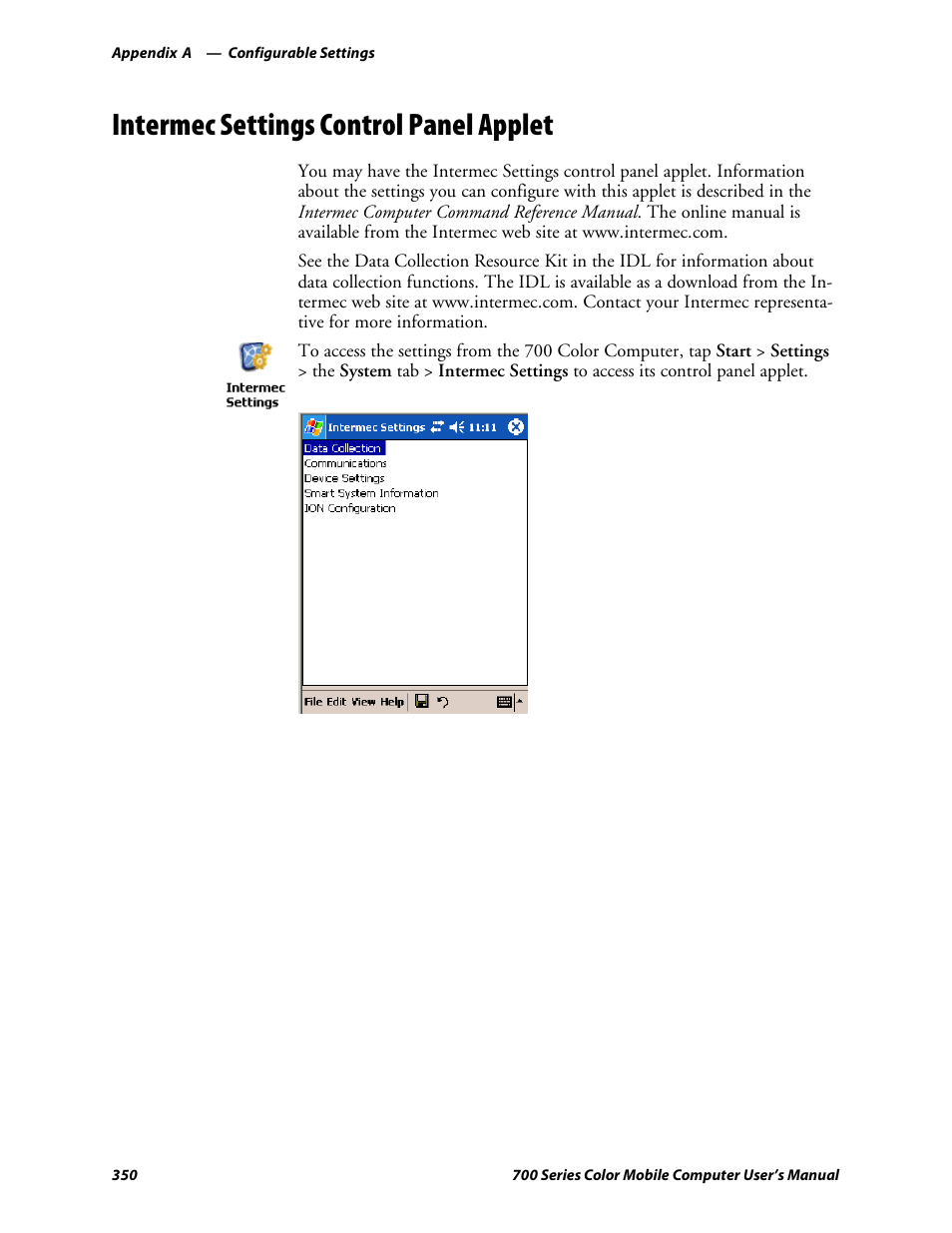 Intermec settings control panel applet | Intermec 700 User Manual | Page 374 / 452