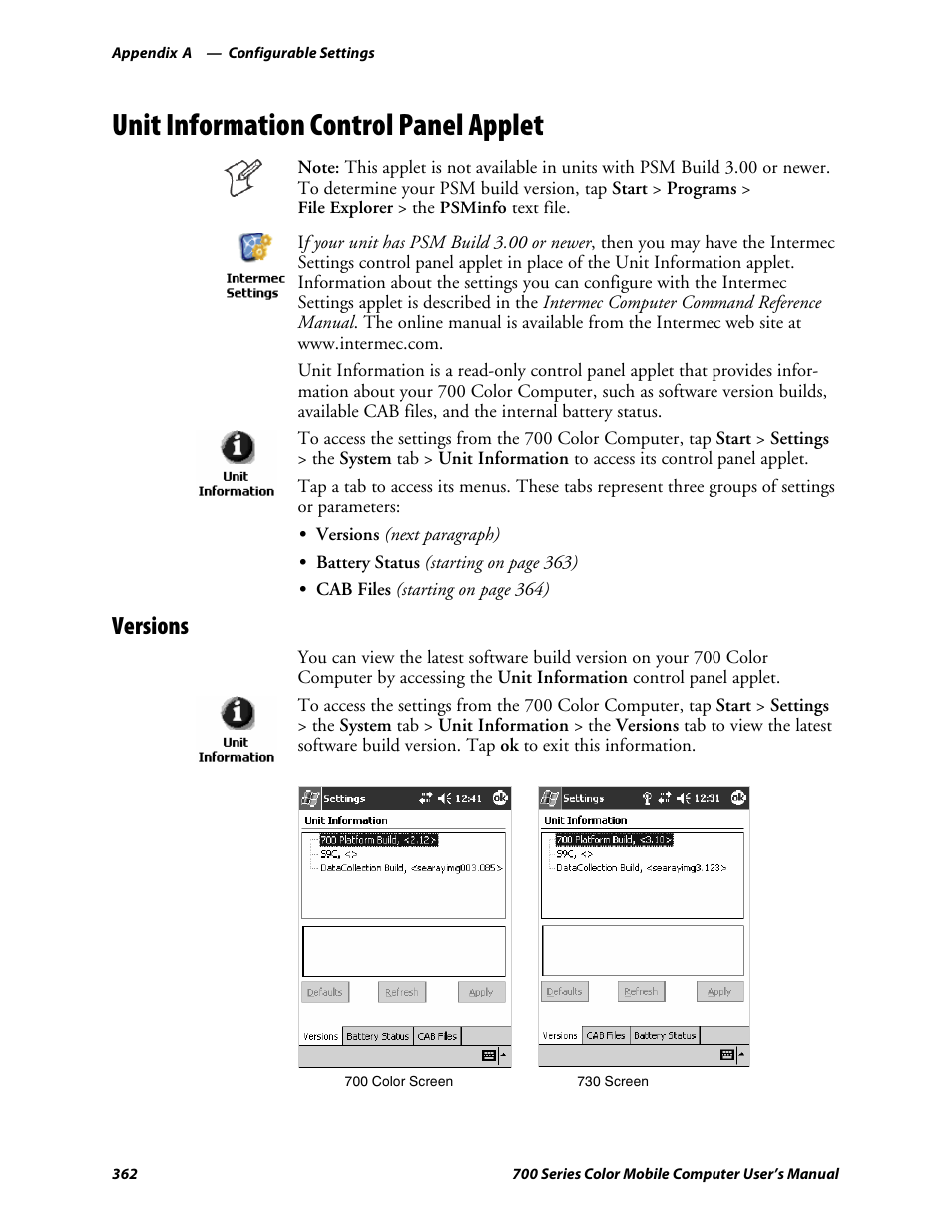 Unit information control panel applet, Versions | Intermec 700 User Manual | Page 386 / 452