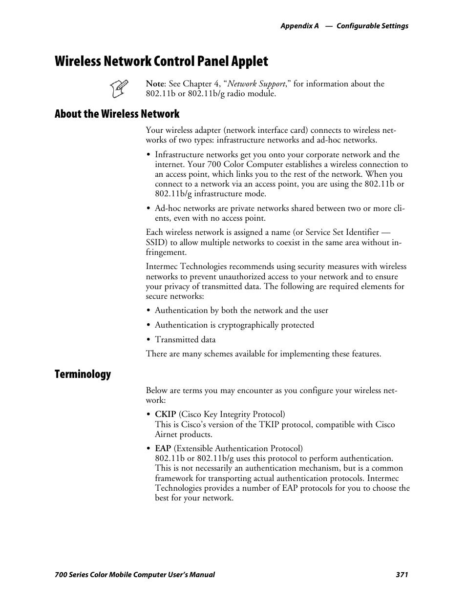 Wireless network control panel applet, About the wireless network, Terminology | Intermec 700 User Manual | Page 395 / 452