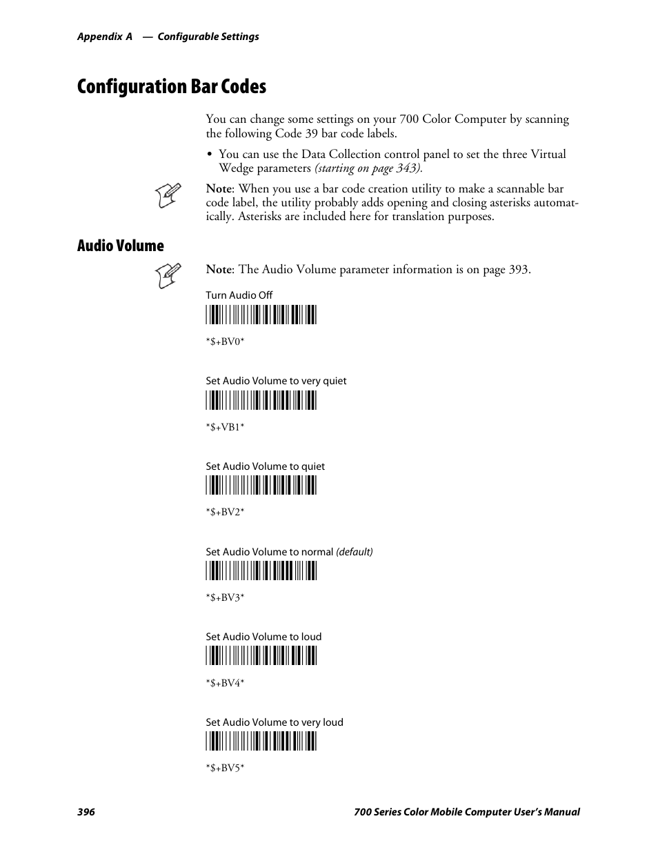 Configuration bar codes, Audio volume | Intermec 700 User Manual | Page 420 / 452