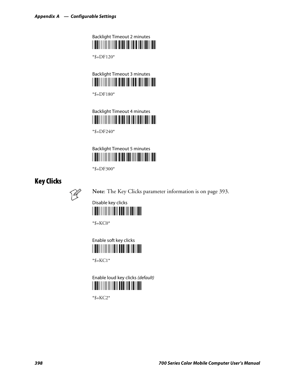 Key clicks, Df120, Df180 | Df240, Df300 | Intermec 700 User Manual | Page 422 / 452