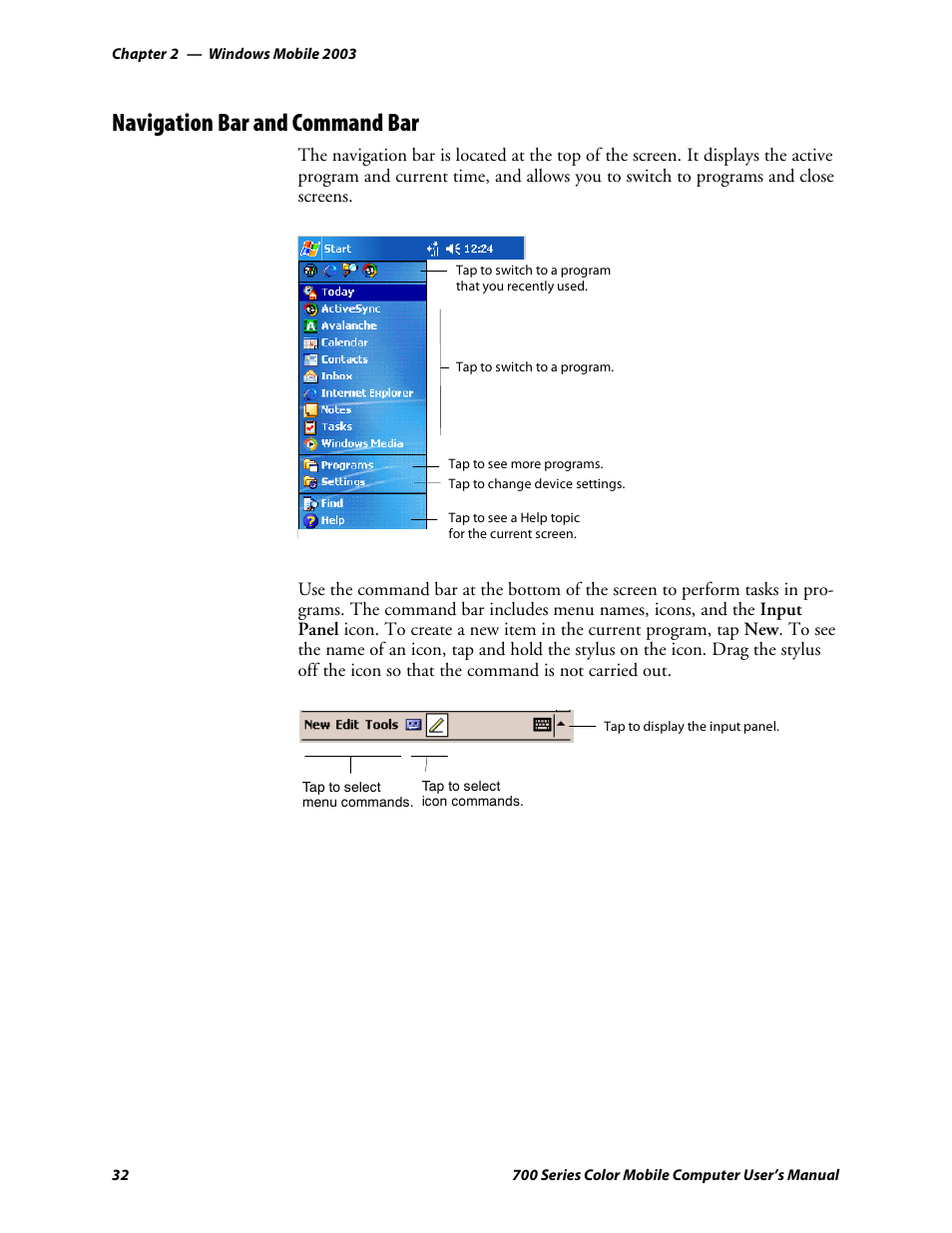 Navigation bar and command bar | Intermec 700 User Manual | Page 56 / 452