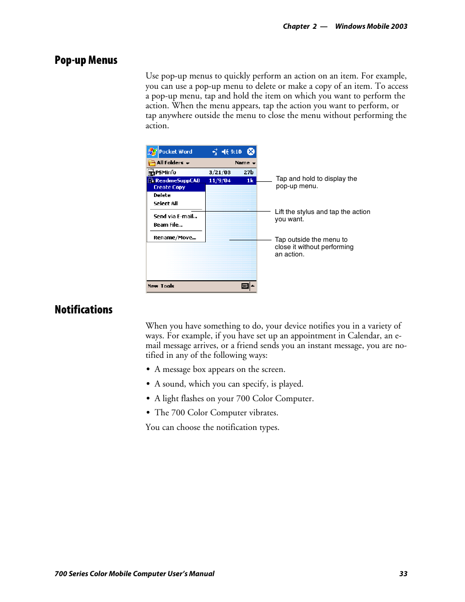 Pop-up menus, Notifications | Intermec 700 User Manual | Page 57 / 452