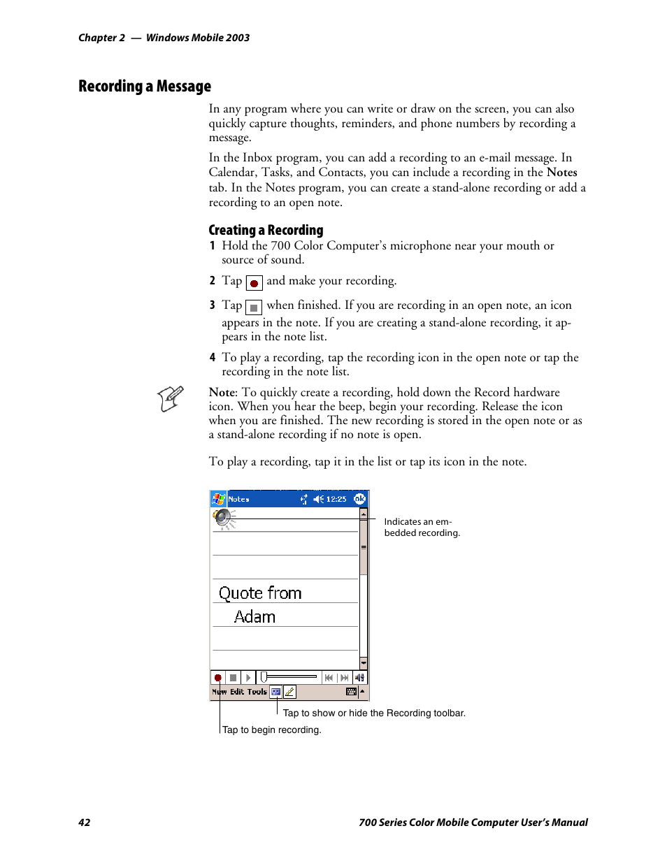 Recording a message, Creating a recording | Intermec 700 User Manual | Page 66 / 452