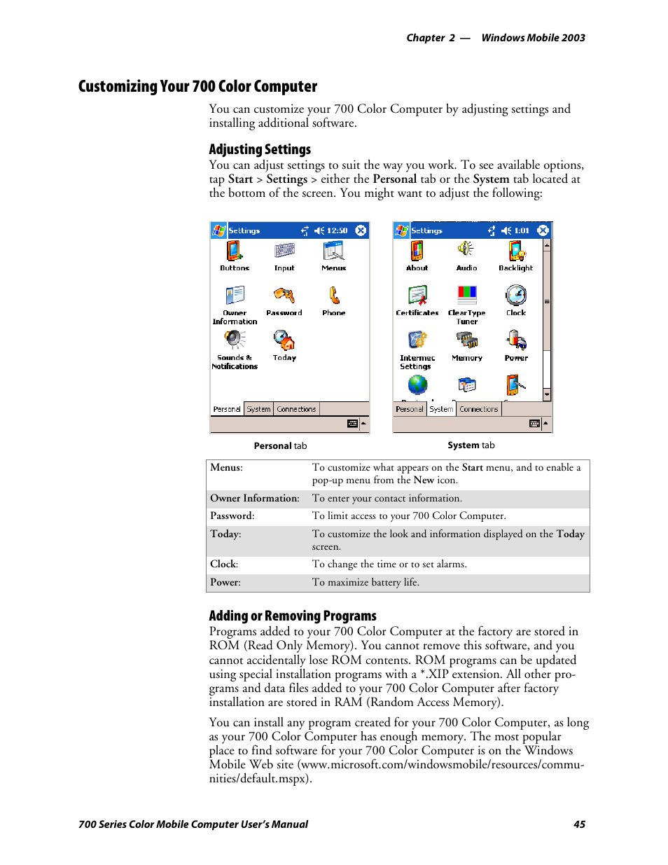 Customizing your 700 color computer, Adjusting settings, Adding or removing programs | Intermec 700 User Manual | Page 69 / 452