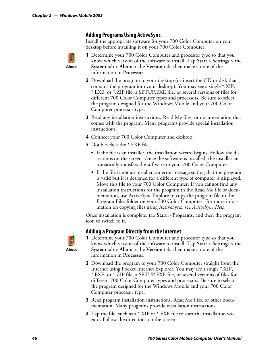 Adding programs using activesync, Adding a program directly from the internet | Intermec 700 User Manual | Page 70 / 452