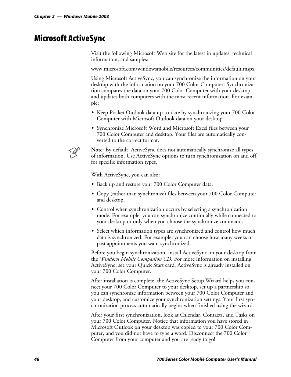 Microsoft activesync | Intermec 700 User Manual | Page 72 / 452