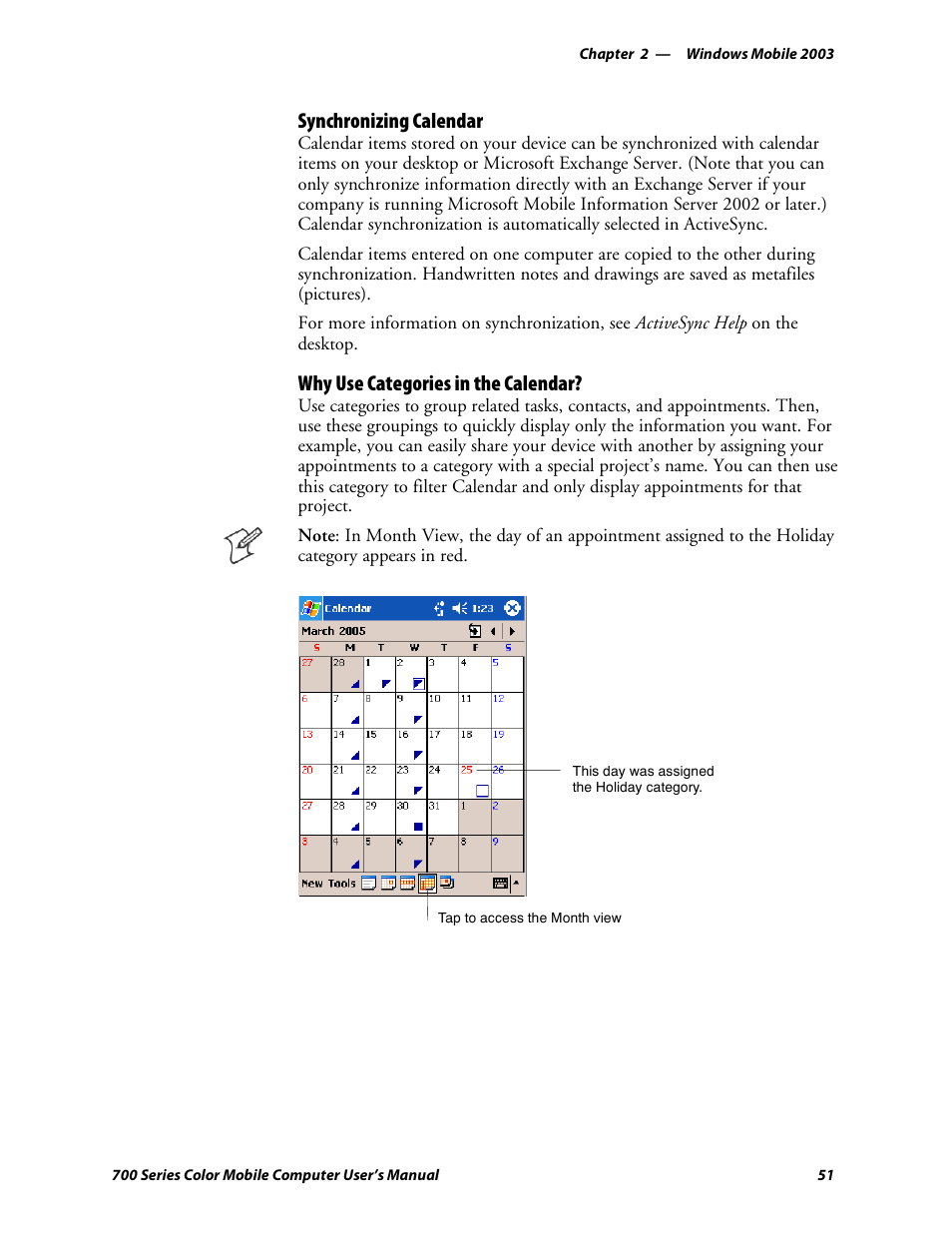 Synchronizing calendar, Why use categories in the calendar | Intermec 700 User Manual | Page 75 / 452