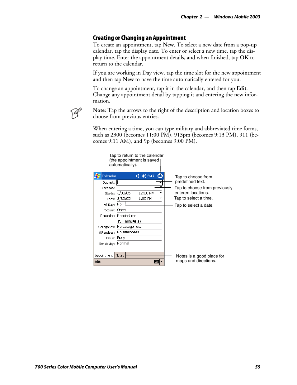Creating or changing an appointment | Intermec 700 User Manual | Page 79 / 452