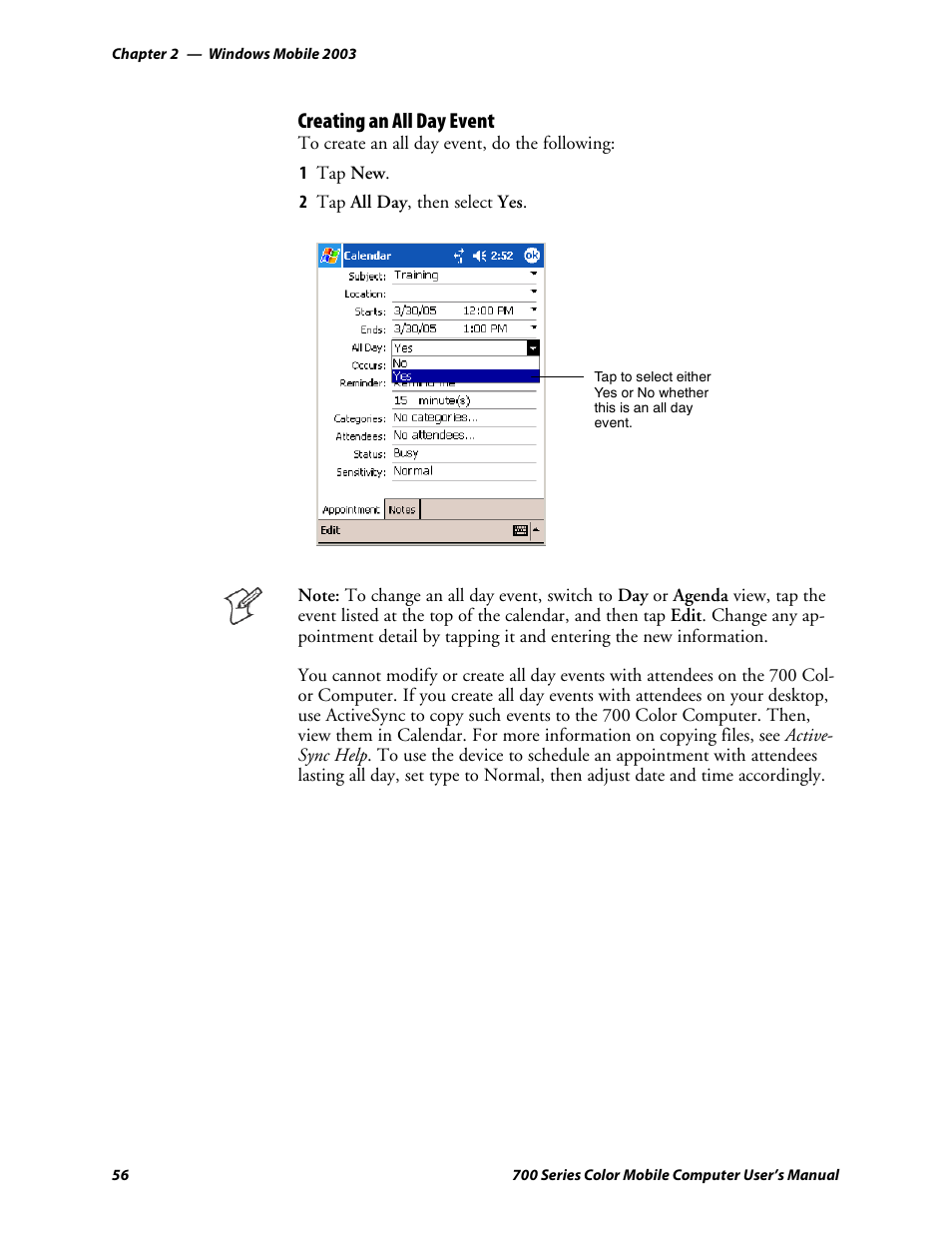 Creating an all day event | Intermec 700 User Manual | Page 80 / 452