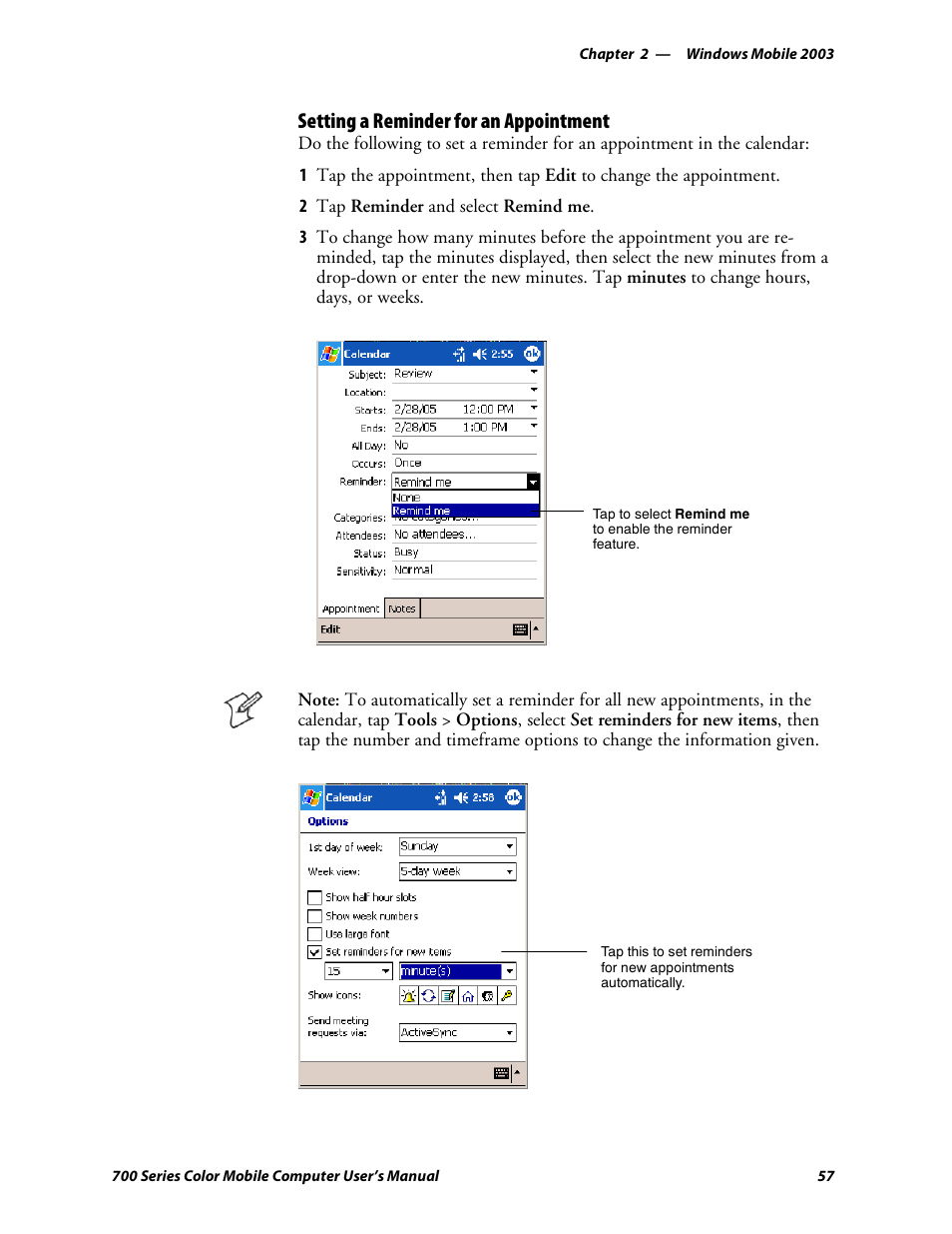 Setting a reminder for an appointment | Intermec 700 User Manual | Page 81 / 452
