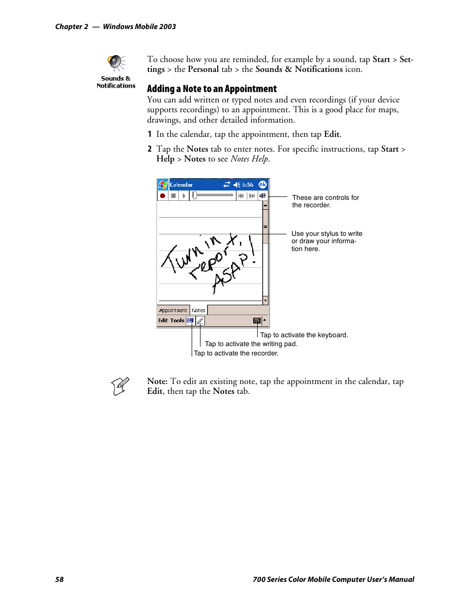 Adding a note to an appointment | Intermec 700 User Manual | Page 82 / 452