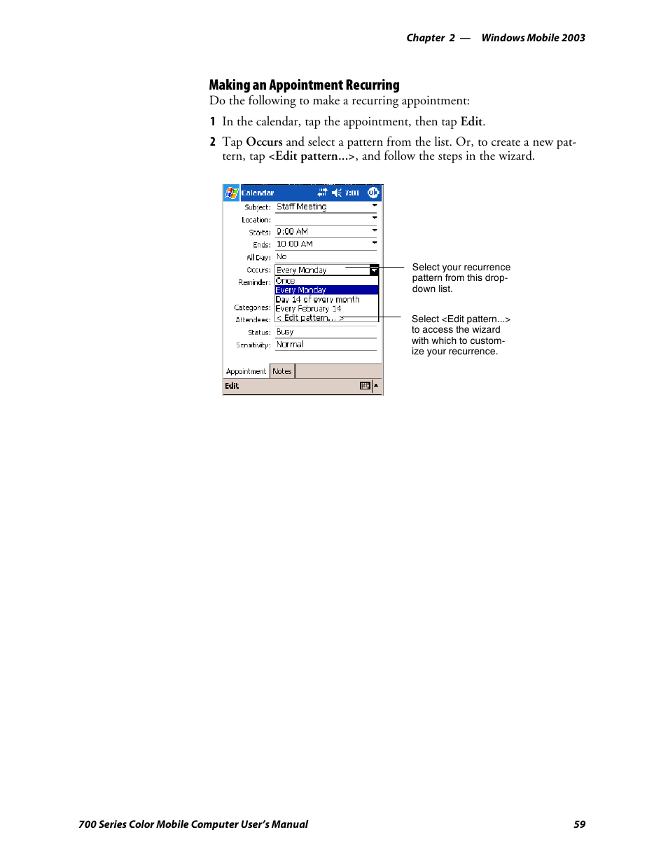 Making an appointment recurring | Intermec 700 User Manual | Page 83 / 452
