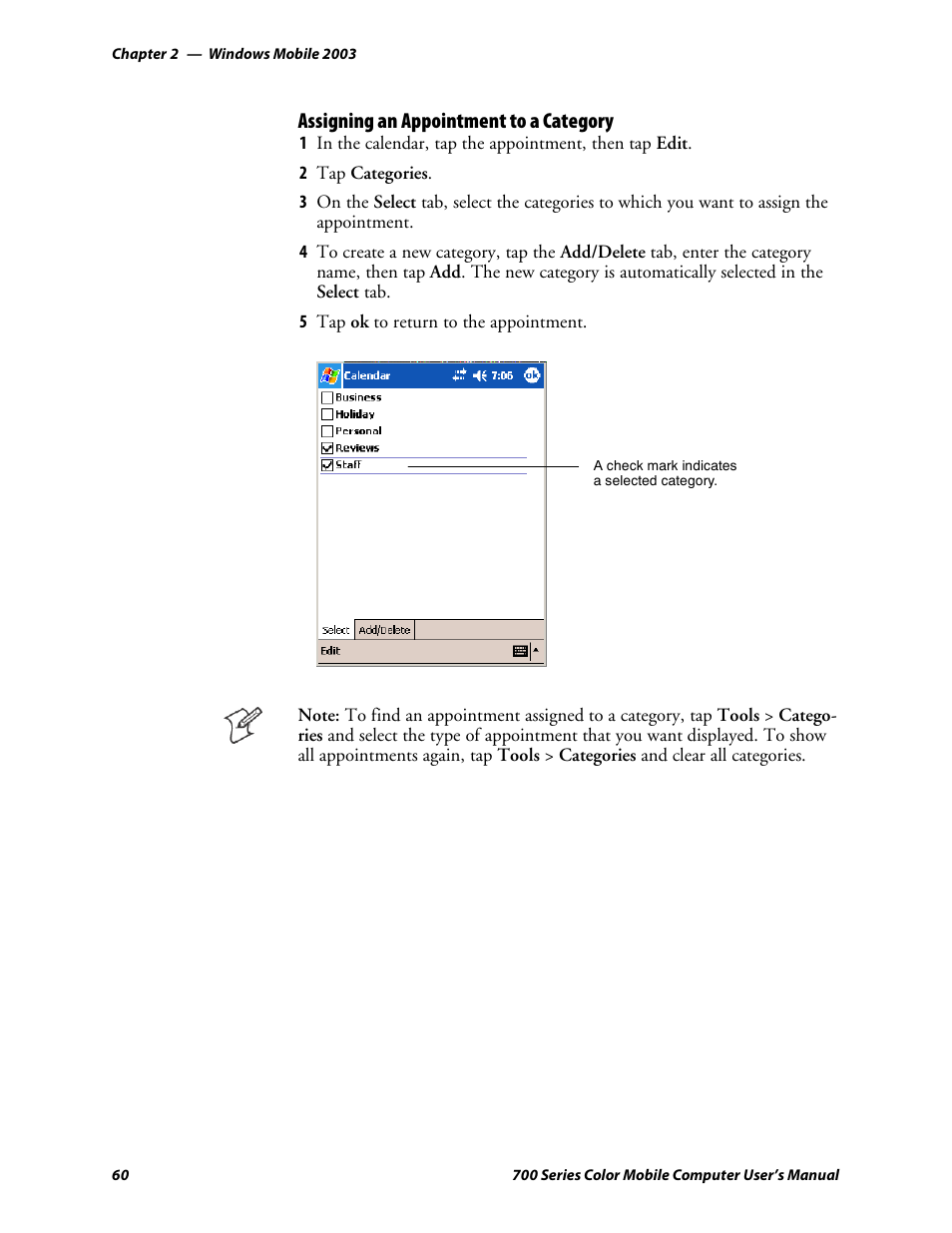 Assigning an appointment to a category | Intermec 700 User Manual | Page 84 / 452