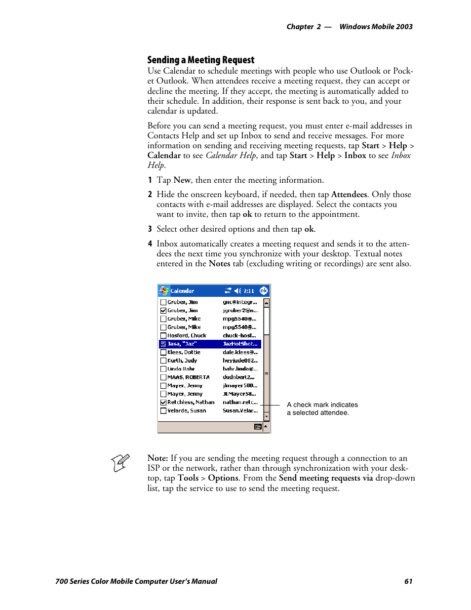 Sending a meeting request | Intermec 700 User Manual | Page 85 / 452