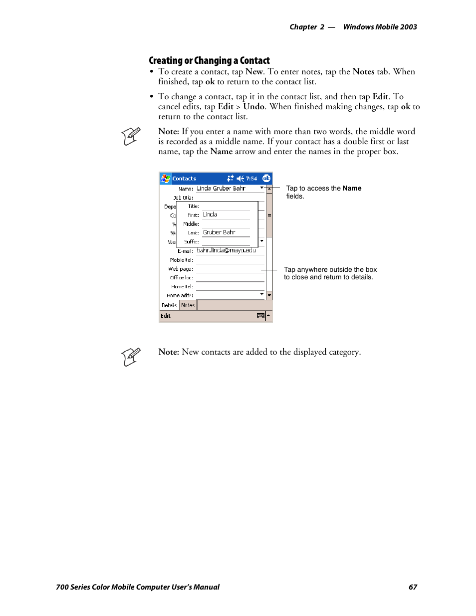 Creating or changing a contact | Intermec 700 User Manual | Page 91 / 452