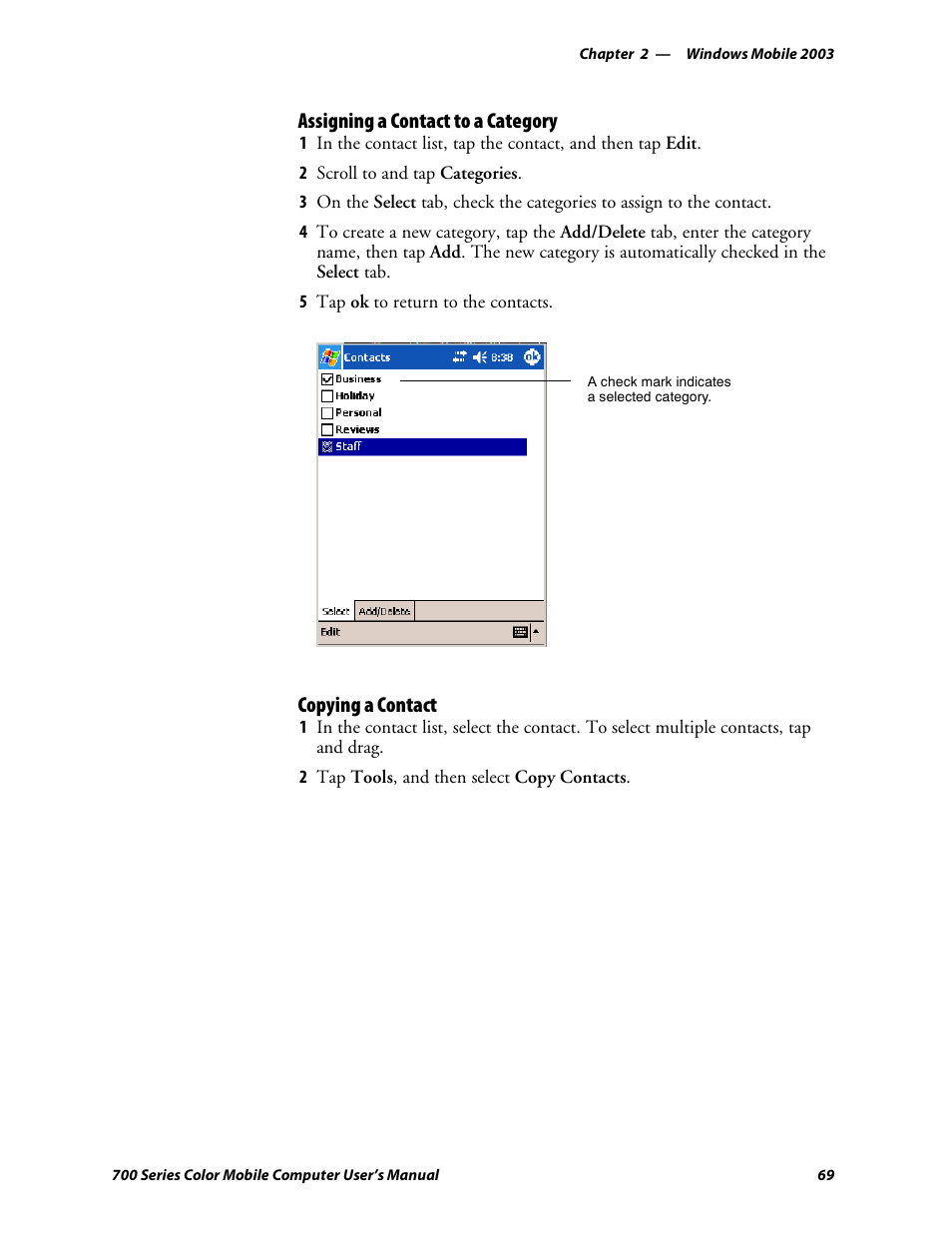 Assigning a contact to a category, Copying a contact | Intermec 700 User Manual | Page 93 / 452