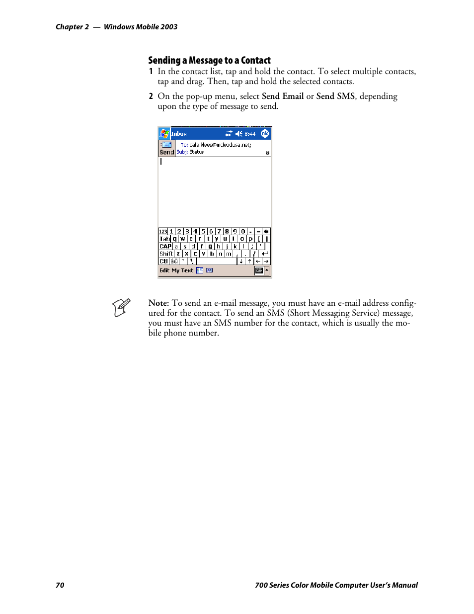 Sending a message to a contact | Intermec 700 User Manual | Page 94 / 452