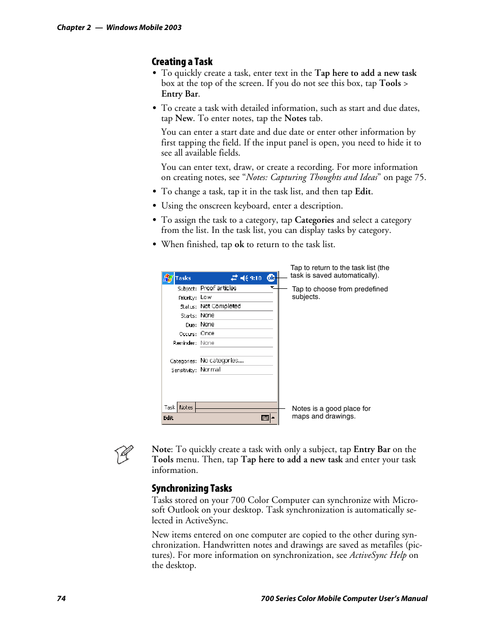 Creating a task, Synchronizing tasks | Intermec 700 User Manual | Page 98 / 452