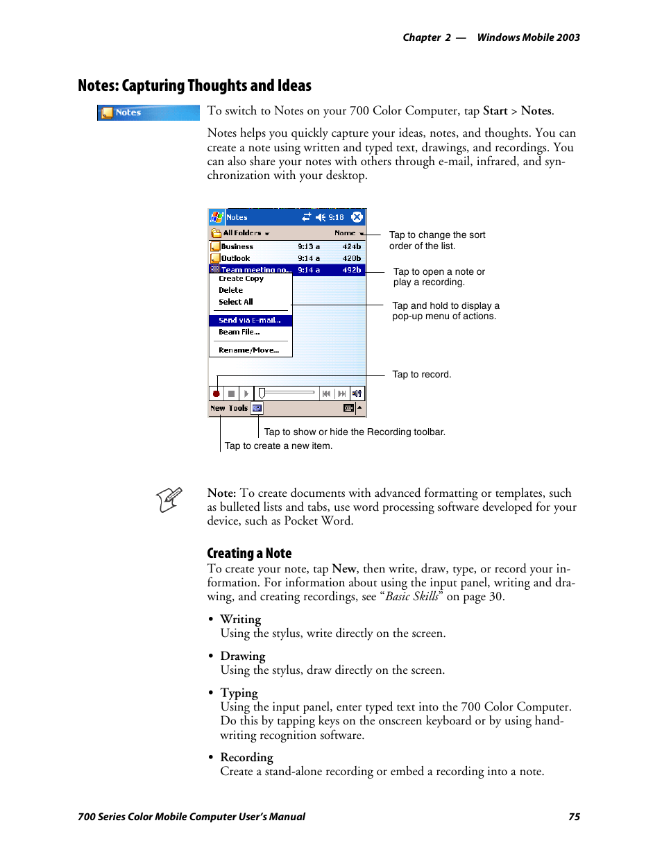 Notes: capturing thoughts and ideas, Creating a note | Intermec 700 User Manual | Page 99 / 452