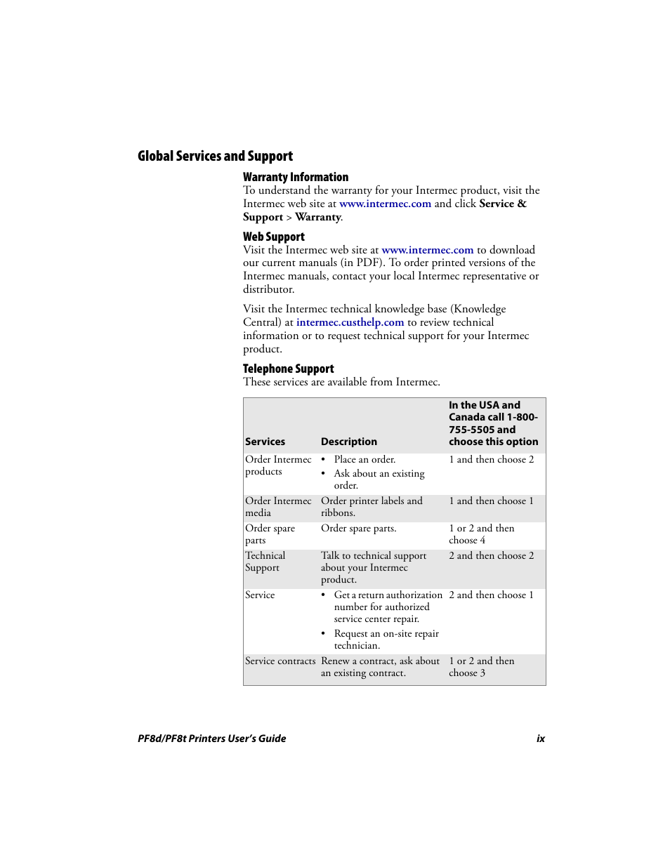 Global services and support, Warranty information, Web support | Telephone support | Intermec PF8T User Manual | Page 12 / 68