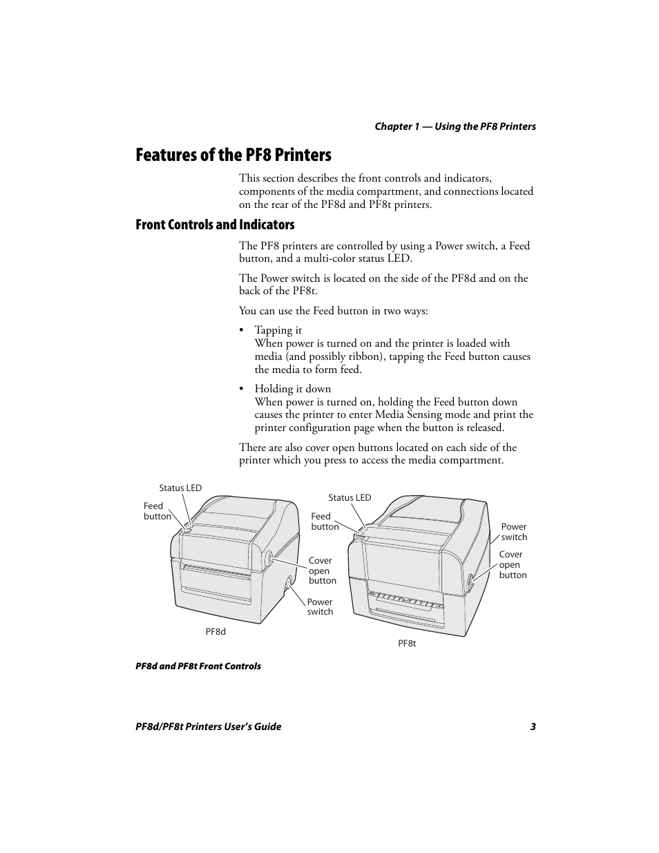 Features of the pf8 printers, Front controls and indicators | Intermec PF8T User Manual | Page 16 / 68