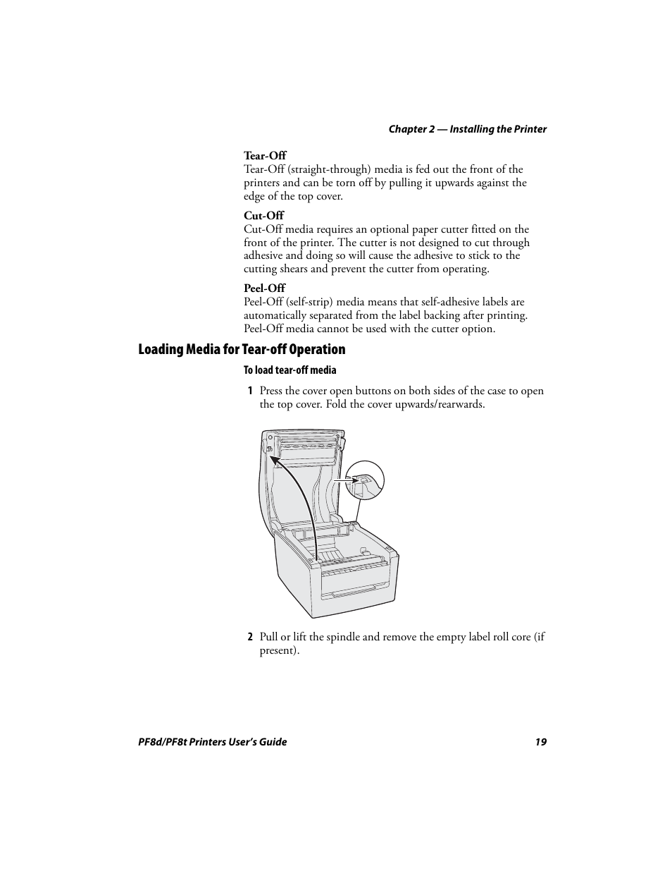 Loading media for tear-off operation | Intermec PF8T User Manual | Page 32 / 68