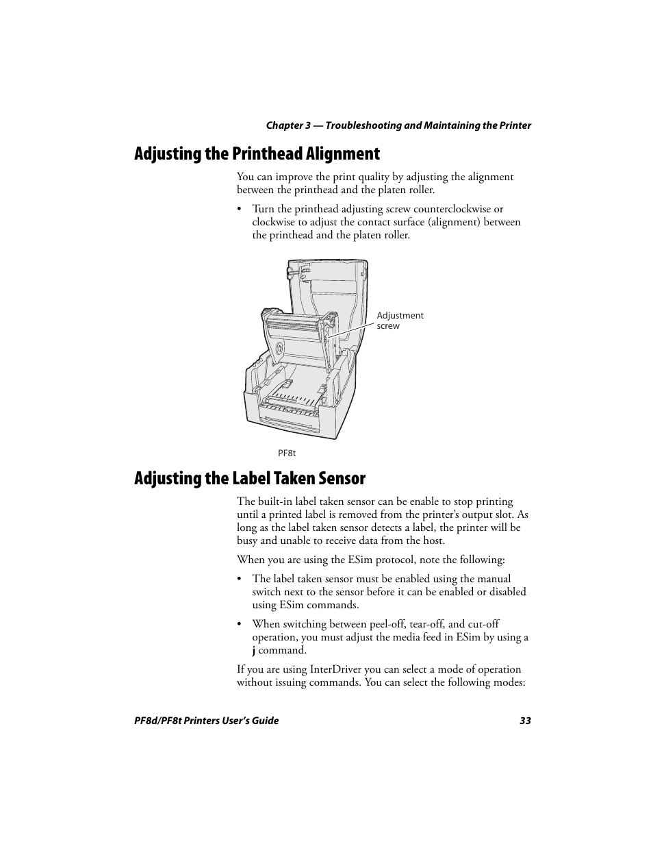 Adjusting the printhead alignment, Adjusting the label taken sensor | Intermec PF8T User Manual | Page 46 / 68