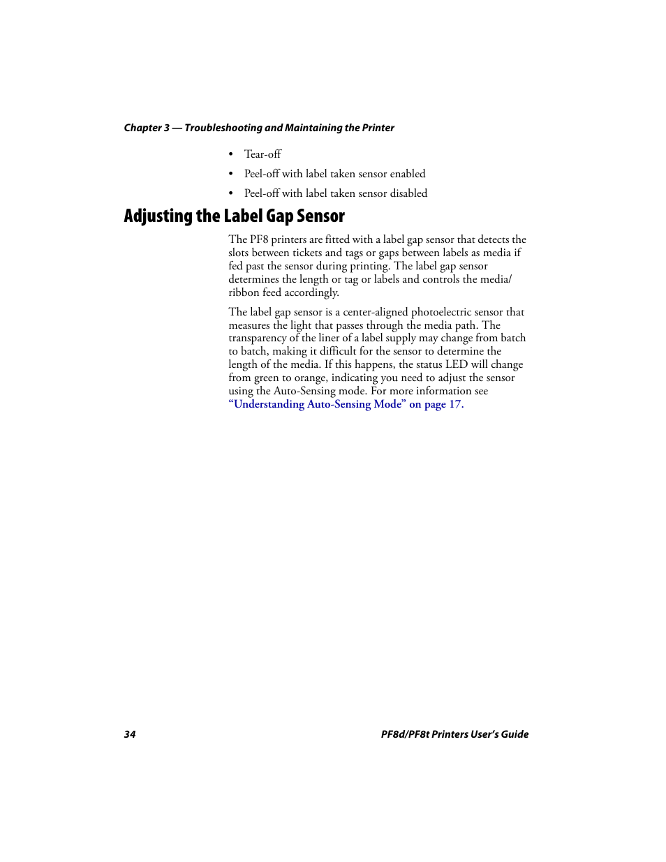 Adjusting the label gap sensor | Intermec PF8T User Manual | Page 47 / 68