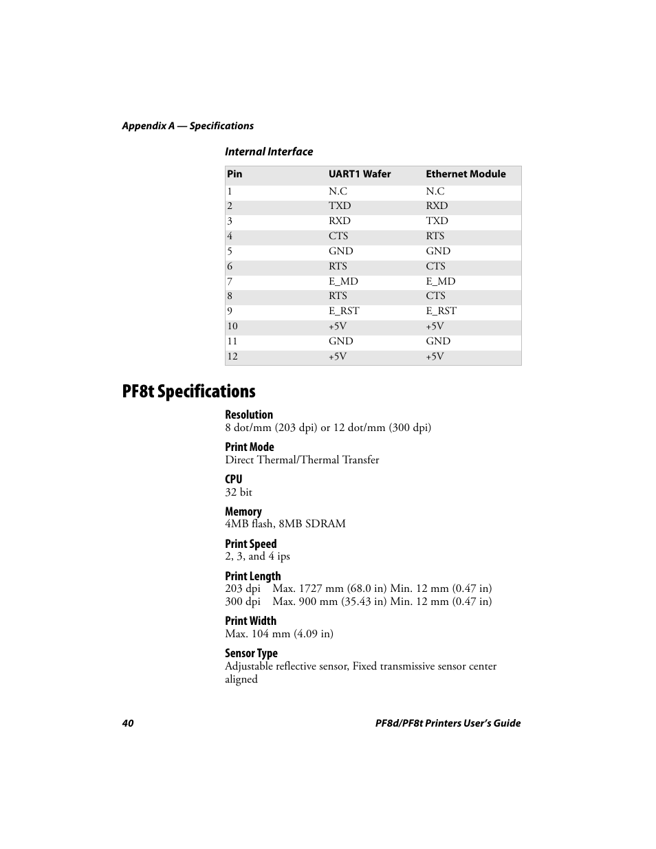 Pf8t specifications | Intermec PF8T User Manual | Page 53 / 68