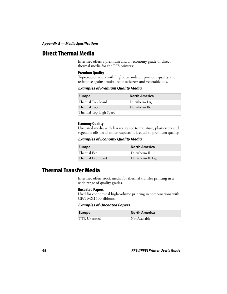 Direct thermal media, Thermal transfer media | Intermec PF8T User Manual | Page 61 / 68