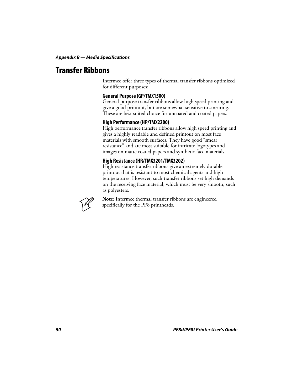 Transfer ribbons | Intermec PF8T User Manual | Page 63 / 68