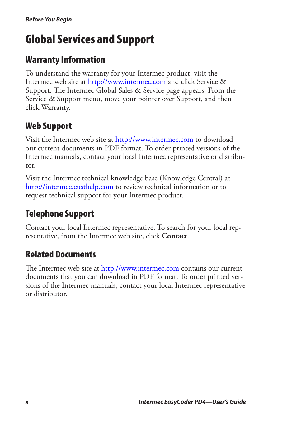 Global services and support, Warranty information, Web support | Telephone support, Related documents | Intermec EASYCODER PD4 User Manual | Page 10 / 100