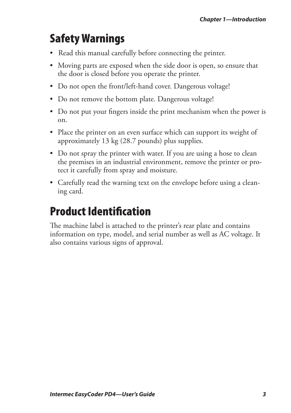 Safety warnings, Product identification, Product identiﬁcation | Intermec EASYCODER PD4 User Manual | Page 13 / 100
