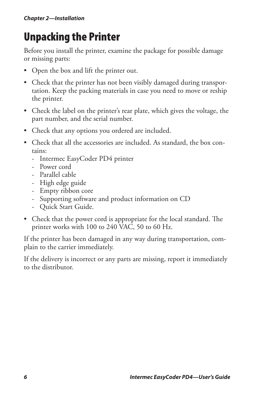 Unpacking the printer | Intermec EASYCODER PD4 User Manual | Page 16 / 100