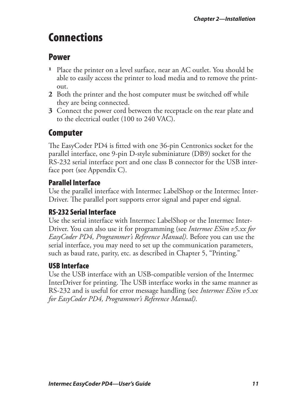 Connections, Power, Computer | Intermec EASYCODER PD4 User Manual | Page 21 / 100