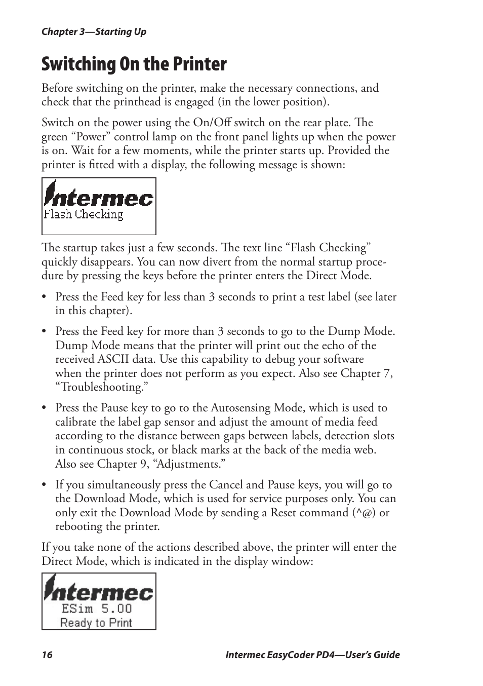 Switching on the printer | Intermec EASYCODER PD4 User Manual | Page 26 / 100
