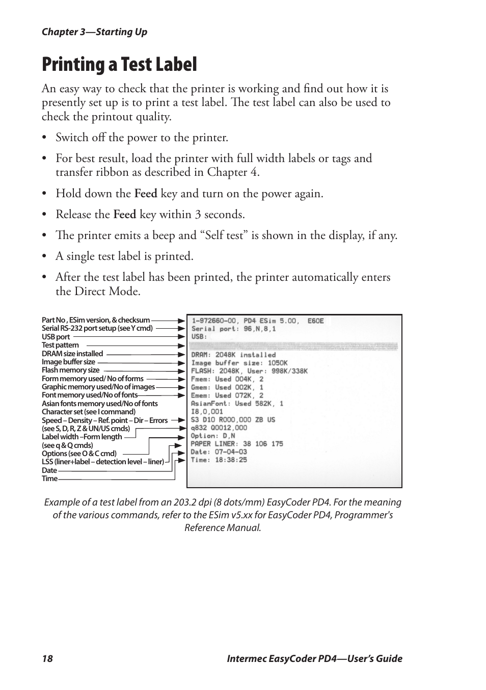 Printing a test label | Intermec EASYCODER PD4 User Manual | Page 28 / 100