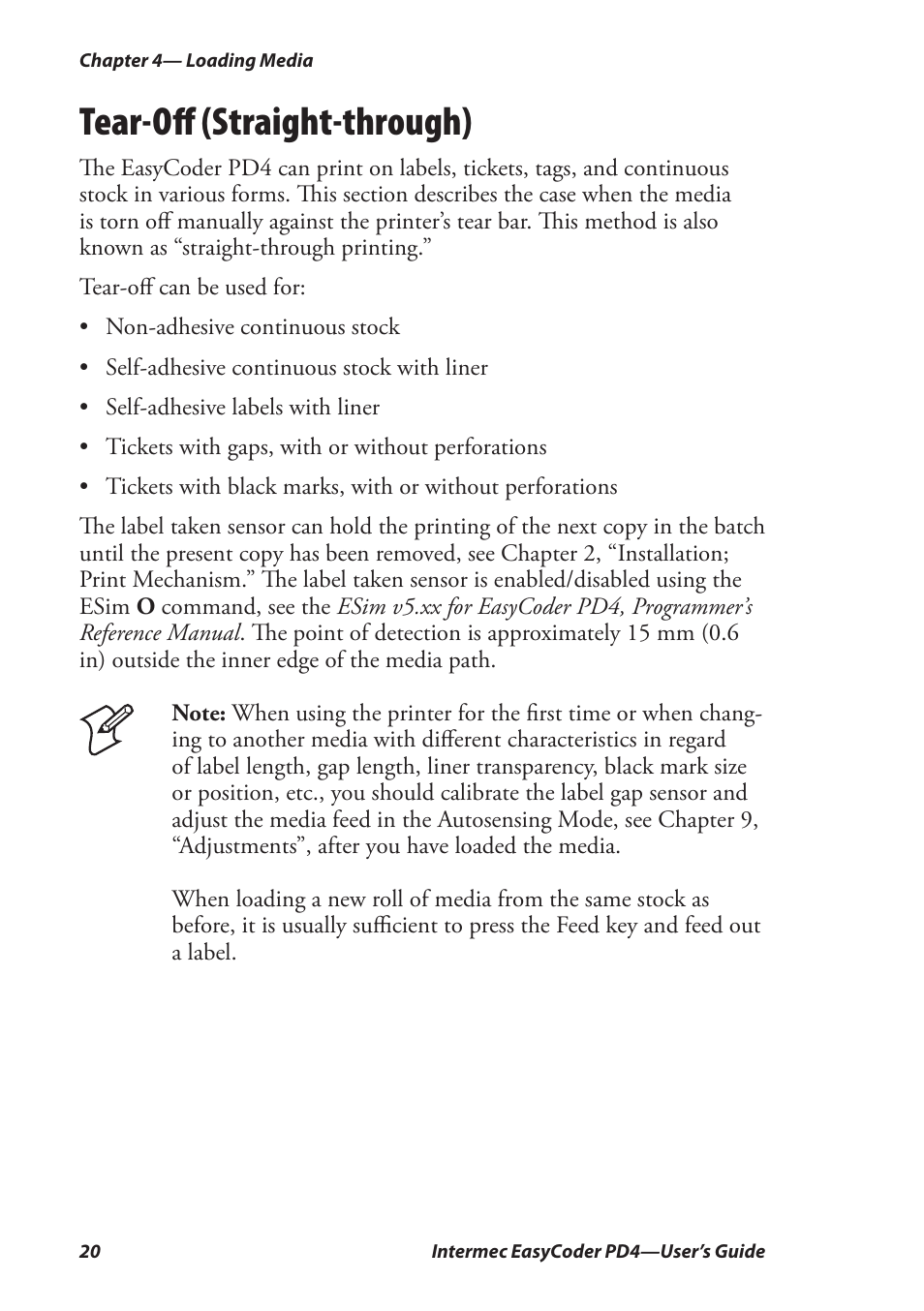 Tear-off (straight-through), Tear-oﬀ (straight-through) | Intermec EASYCODER PD4 User Manual | Page 30 / 100