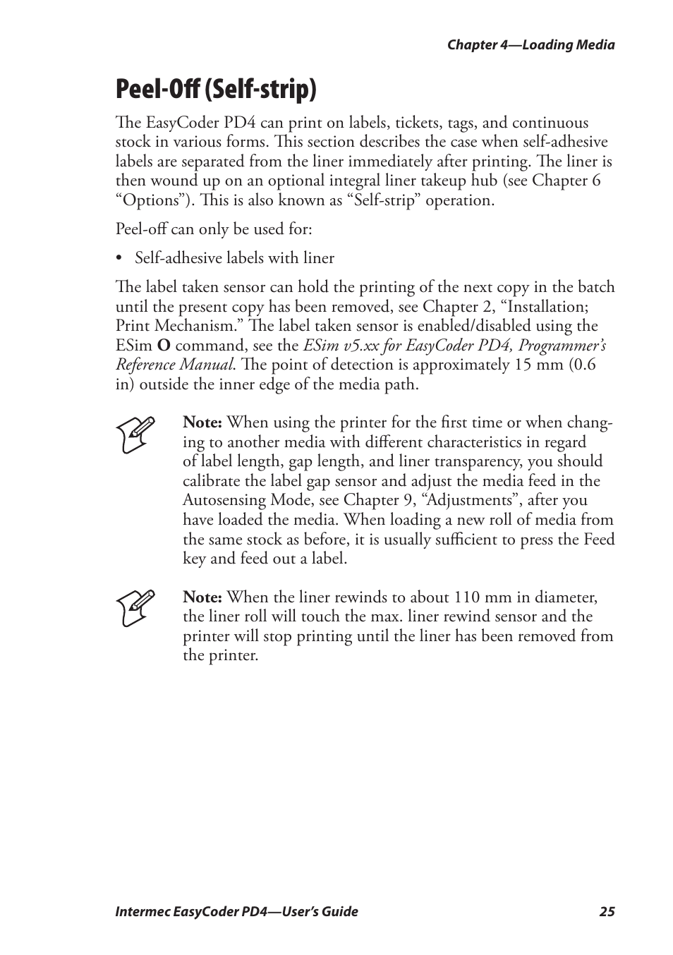 Peel-off (self-strip), Peel-oﬀ (self-strip) | Intermec EASYCODER PD4 User Manual | Page 35 / 100