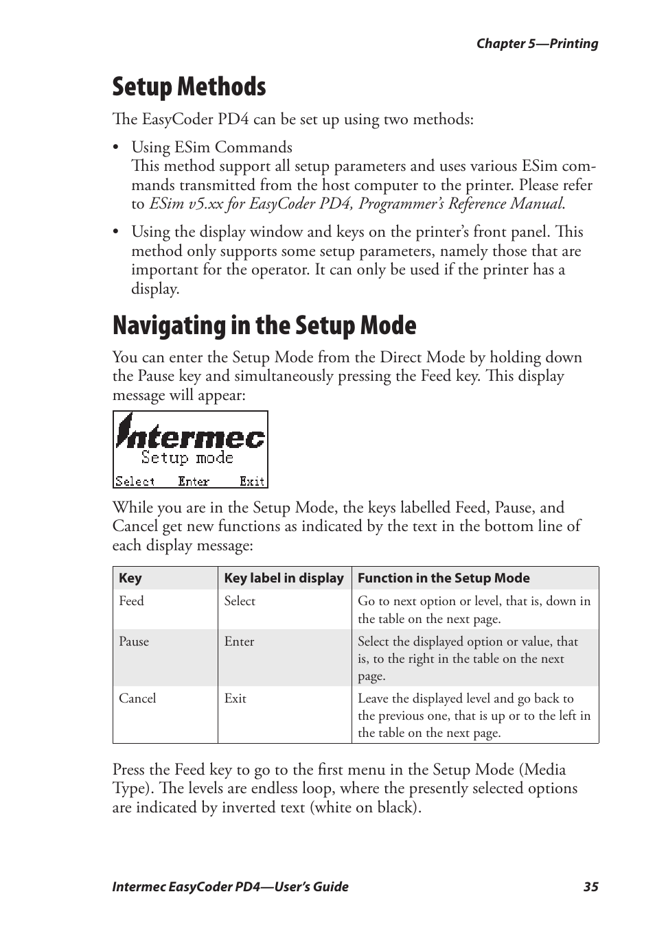 Setup methods, Navigating in the setup mode | Intermec EASYCODER PD4 User Manual | Page 45 / 100