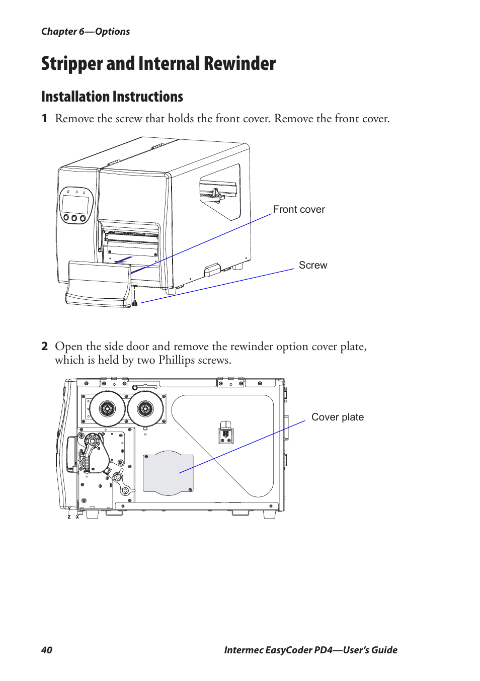 Stripper and internal rewinder, Installation instructions | Intermec EASYCODER PD4 User Manual | Page 50 / 100